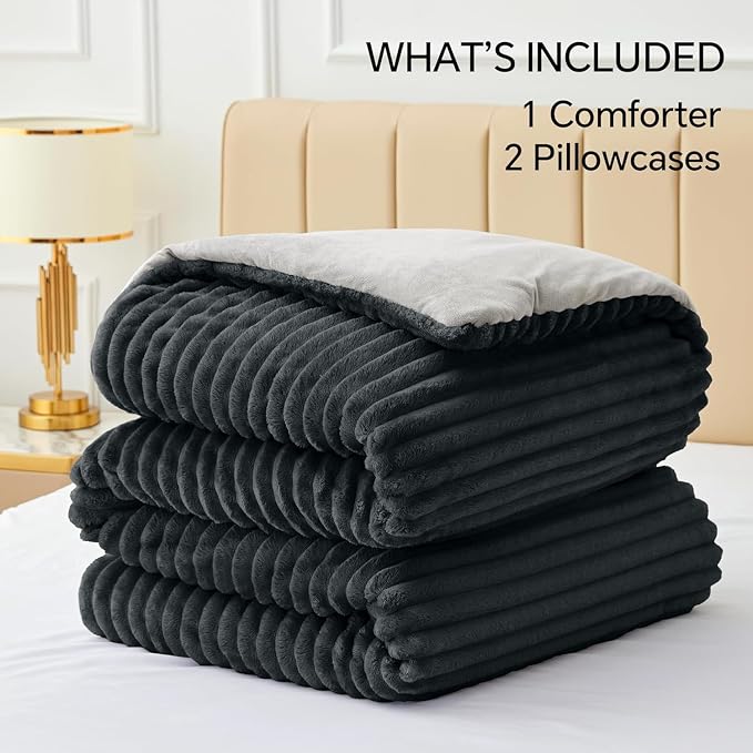 BEDELITE Fleece Oversized Queen Comforter Set -Super Soft & Warm Fluffy Black - Image 6