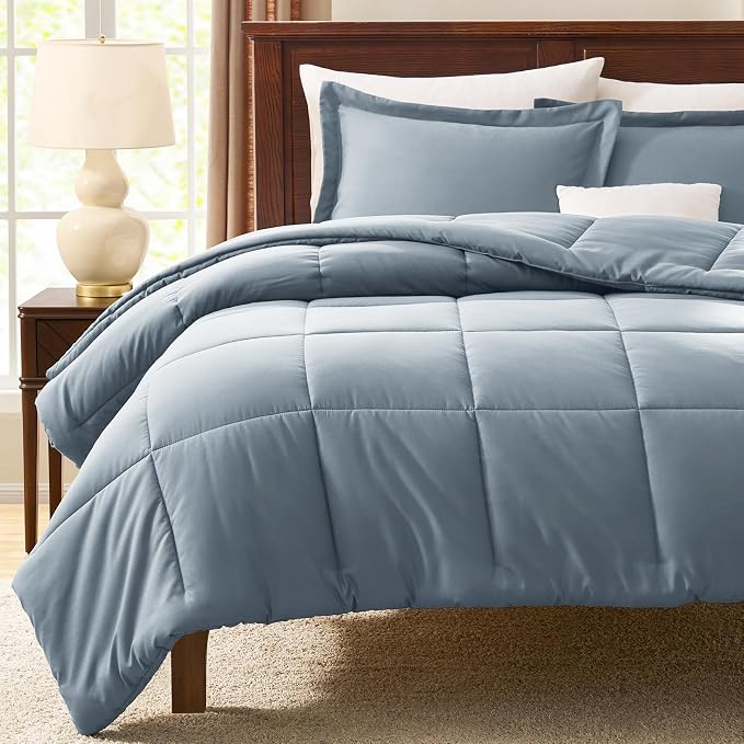 CozyLux Oversized Queen Comforter Set, 3 Pieces Grayish Blue 98x98 Box Stitched - Image 7