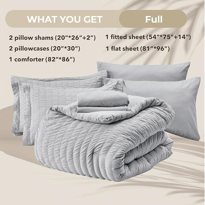 HYMOKEGE Light Grey Full Size Comforter Sets Seersucker 7 Pieces, All Season - Image 5