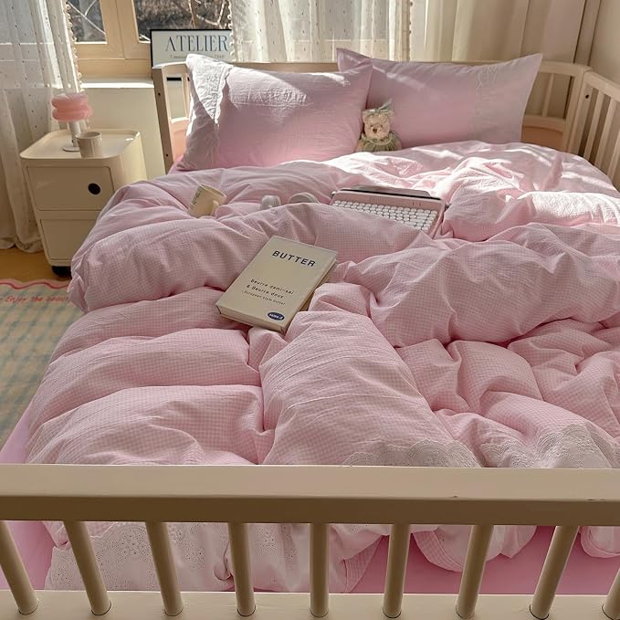 mixinni Pink Gingham Duvet Cover Twin Size - Image 4