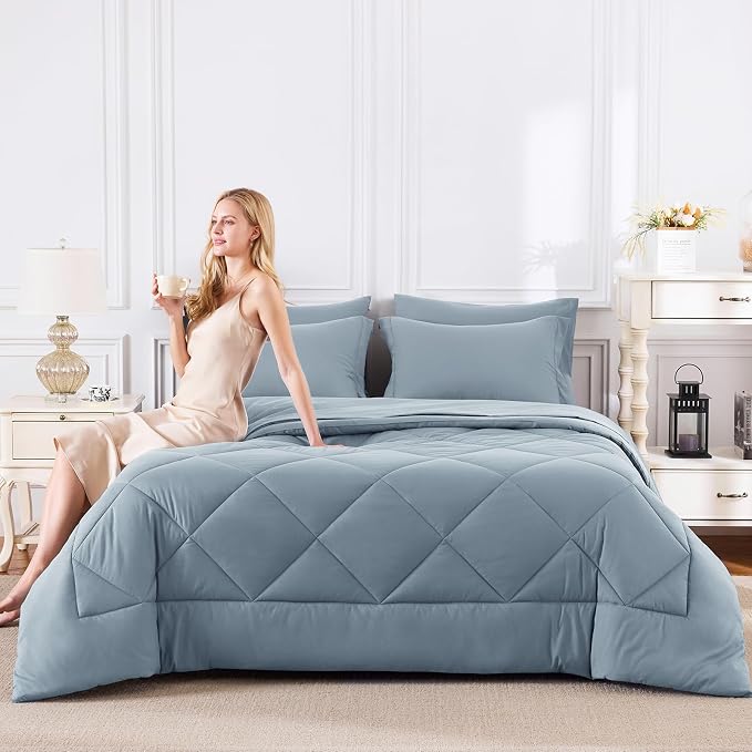 CozyLux Oversized King Comforter Set Dusty Blue, 7 Pieces Bed in a Bag - Image 7