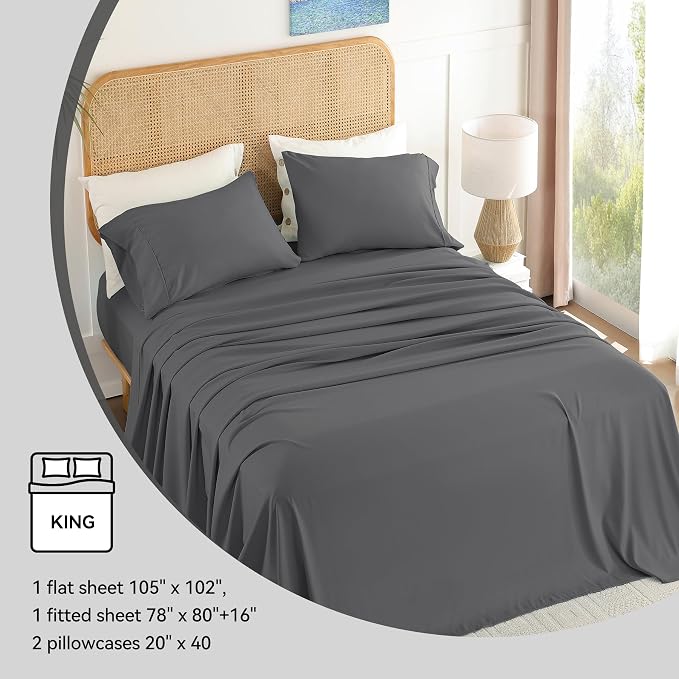 King Sheet Set 4 Piece, Wrinkle Free, Oeko-Tex Certified Bedsheets，Dark Grey - Image 6