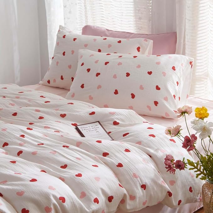 Nayoroom Heart Duvet Cover Full Size Red Pink Hearts Printed on White Coquette - Image 7