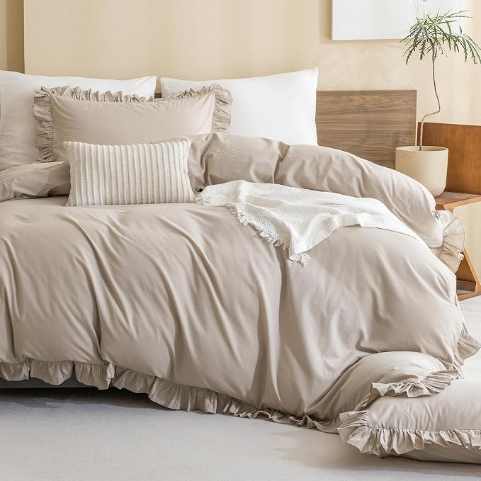 QSH Washed Cotton Duvet Cover King Ruffle Duvet Cover Linen Textured Farmhouse - Image 4