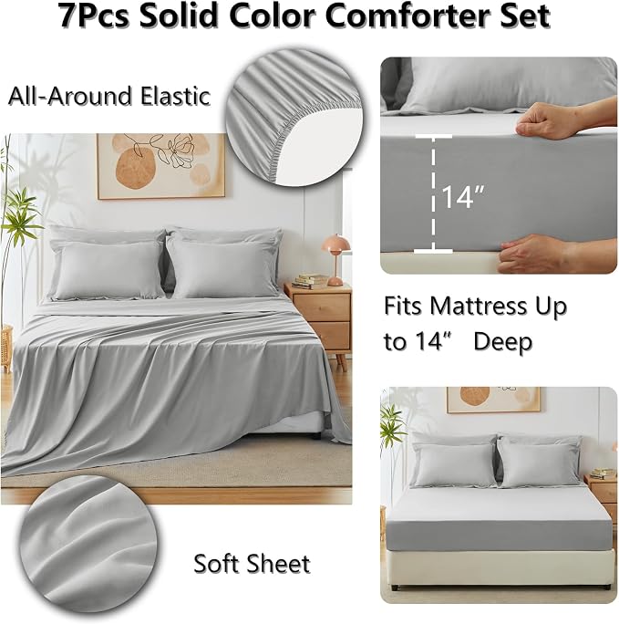 CozyLux King Size Comforter Set Light Grey, 7 Pieces Bed in a Bag King - Image 6