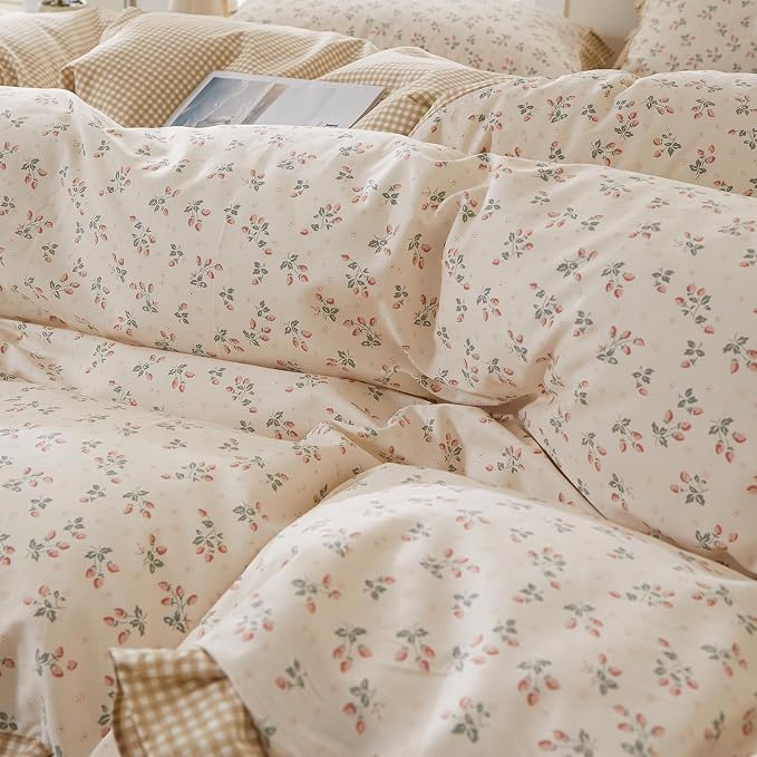 mixinni Beige Floral Duvet Cover Full Size, 100% Cotton Cute Strawberry Floral - Image 8