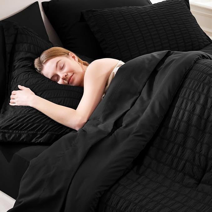 CozyLux Oversized King Comforter Set Black Seersucker 7 Pieces 120x98 Bed in a - Image 5