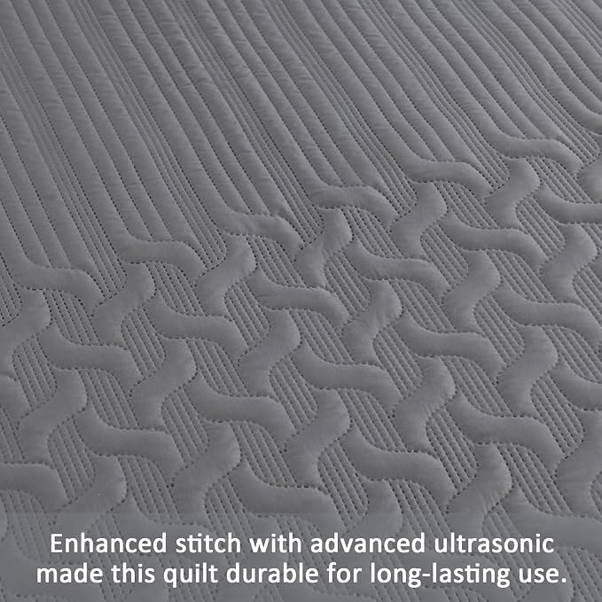 Yiran Grey Quilt Set Queen Size Lightweight Bedspread Ultrasonic Wave Pattern - Image 5