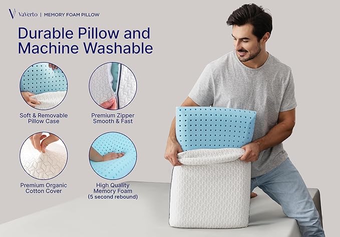 Vaverto Queen Memory Foam Pillow – Cooling Gel-Infused Firm Support - Image 3