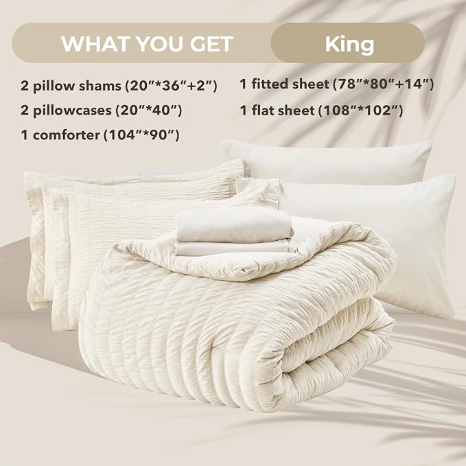 HYMOKEGE Ivory King Size Comforter Set Seersucker 7 Pieces, All Season Luxury - Image 5