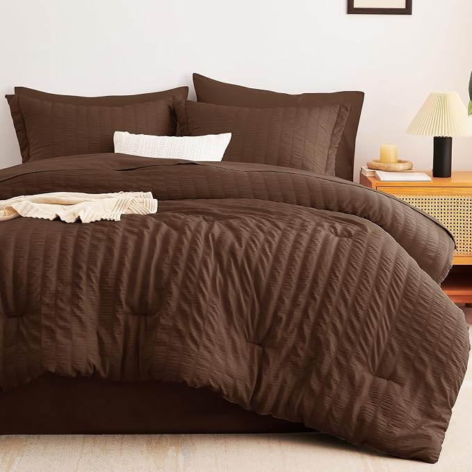 CozyLux Oversized Queen Comforter Set Brown Seersucker 7 Pieces 98x98 Bed in a - Image 9