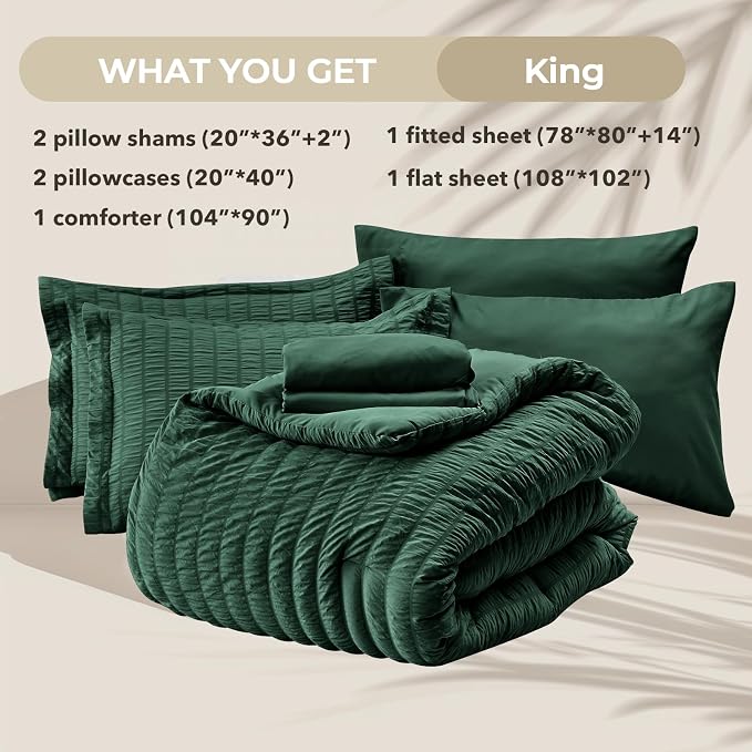 HYMOKEGE Emerald Green King Size Comforter Set Seersucker 7 Pieces, All Season - Image 6