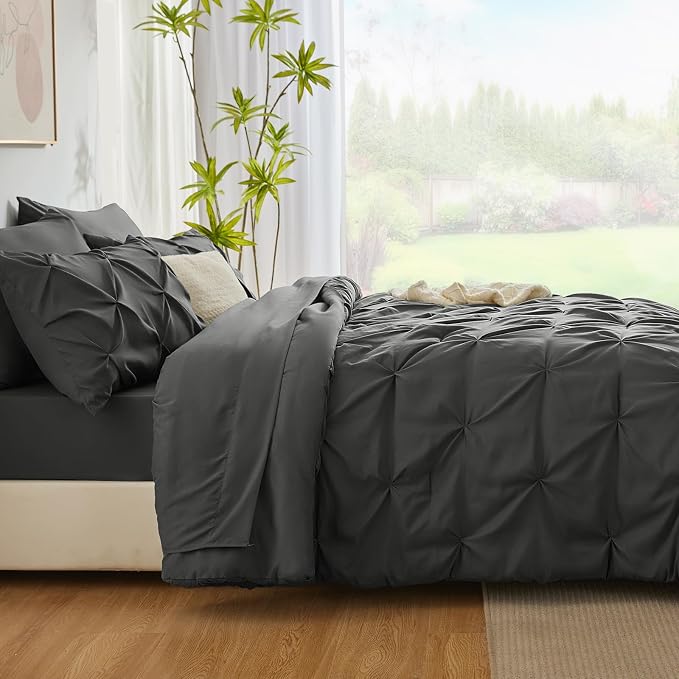 CozyLux King Size Comforter Set Dark Grey, 7 Pieces Pintuck Bed in A Bag Gray - Image 8