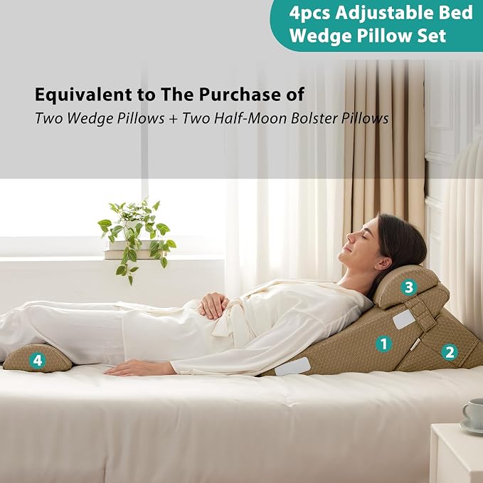 Bedluxe Adjustable 4pcs Bed Wedge Pillow Set, Memory Foam Wedges Pillow Post - Image 6