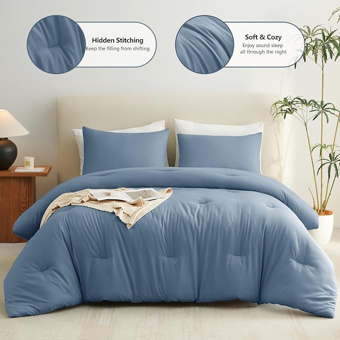 CozyLux Grayish Blue Full Size Comforter Set, 3 Pieces Dusty Blue Solid - Image 2