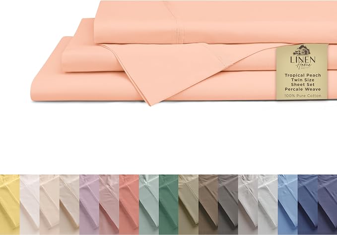 Linen Home 100% Cotton Percale Sheets Twin Size, Tropical Peach, Deep Pocket by LINENHOME