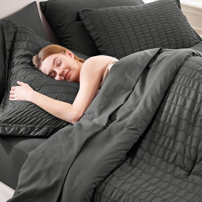 CozyLux Queen Comforter Set Dark Grey Seersucker 7 Pieces Bed in a Bag Queen - Image 5