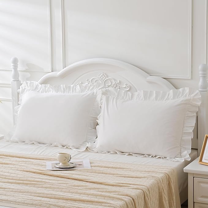 Shabby Off White Ruffle Pillow Shams Standard Size Set of 2, Washed Cotton by Qilunn