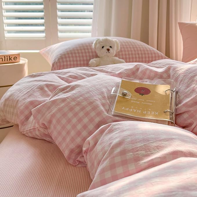 mixinni Light Pink Gingham Duvet Cover Set Twin XL Size - Image 8