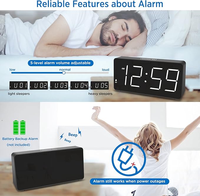 Peakeep Digital Alarm Clock for Bedroom Bedside, Loud Alarm Clock for Heavy - Image 4