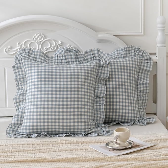 Blue White Plaid Euro Pillow Shams Ruffle Pillowcases Set of 2, Shabby - Image 3