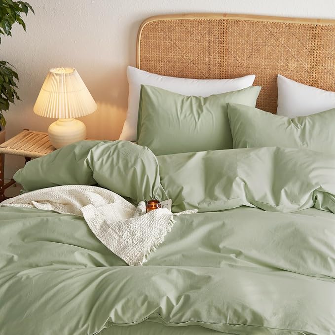 Wake In Cloud - Cotton Duvet Cover Set, King Size, Sage Green, 100% Washed - Image 4