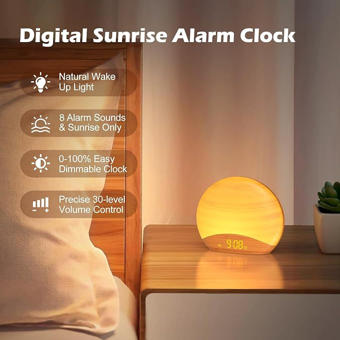 REACHER Natural Wood Grain Sound Machine Sunrise Alarm Clock，26 Nature Inspired - Image 3