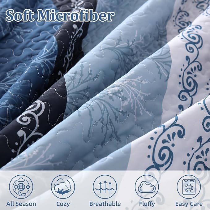 DJY Stripe Quilt Set King Size Blue Bedspread Coverlet Set 3 Pieces Boho Branch - Image 5