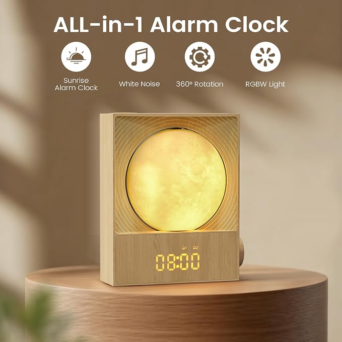 Sunrise Alarm Clock, 360-Degree Rotating Moonlight & 10 White Noise Sounds - Image 2