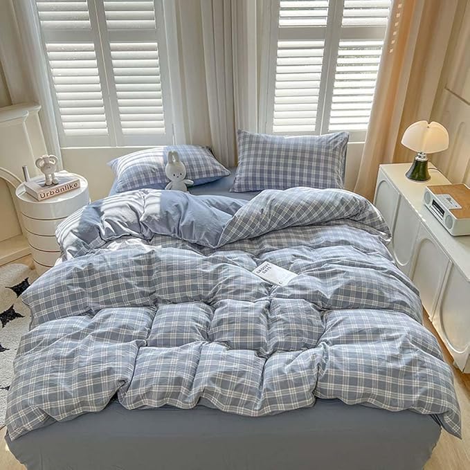 Nayoroom Plaid Duvet Cover Queen Size Blue Checkered Gingham Duvet Cover 3 Pcs - Image 4