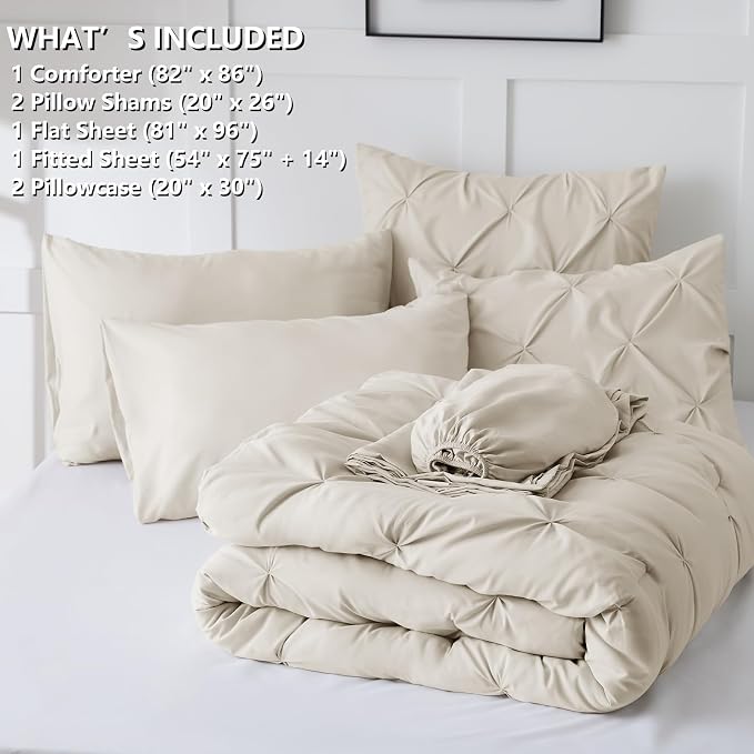 HIMEET Pintuck Bed in a Bag, 7 Pieces Full Size Comforter Set Beige, Luxury - Image 8