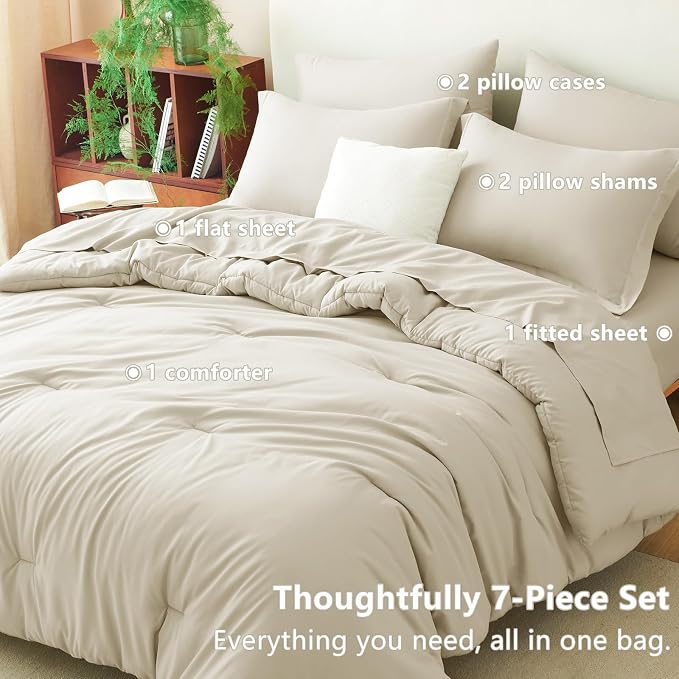 CozyLux Queen Comforter Set Oatmeal, 7 Pieces Bed in a Bag Queen Comforter Set - Image 6