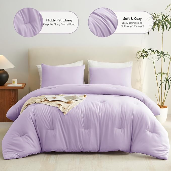 CozyLux Lavender Full Size Comforter Set, 3 Pieces Light Purple Solid - Image 2