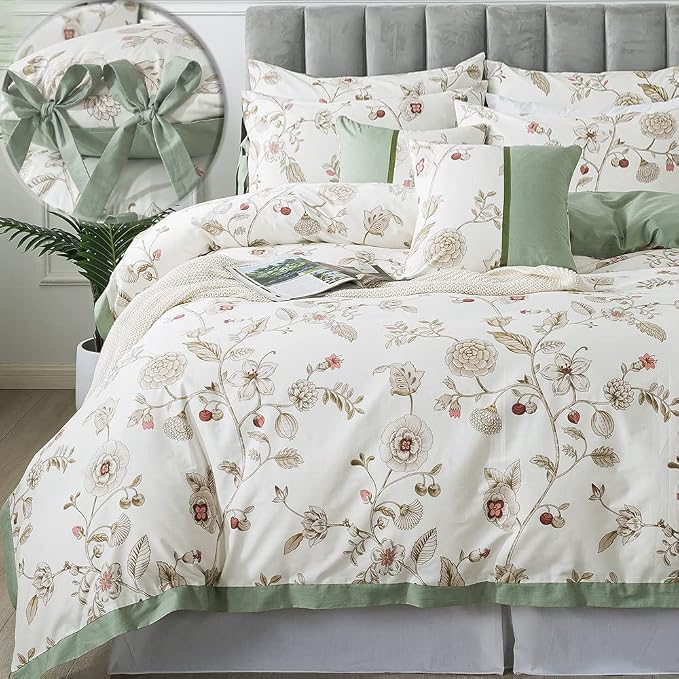 FADFAY Floral Bedding Set King/Cal King 100% Cotton Shabby and Chic Beige Green by CottonWorldSweetDream