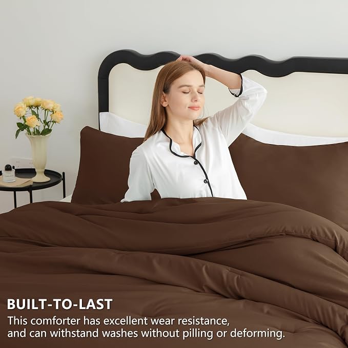 CozyLux Oversized Queen Comforter Set Brown, 3 Pieces 98x98 Solid Breathable - Image 3