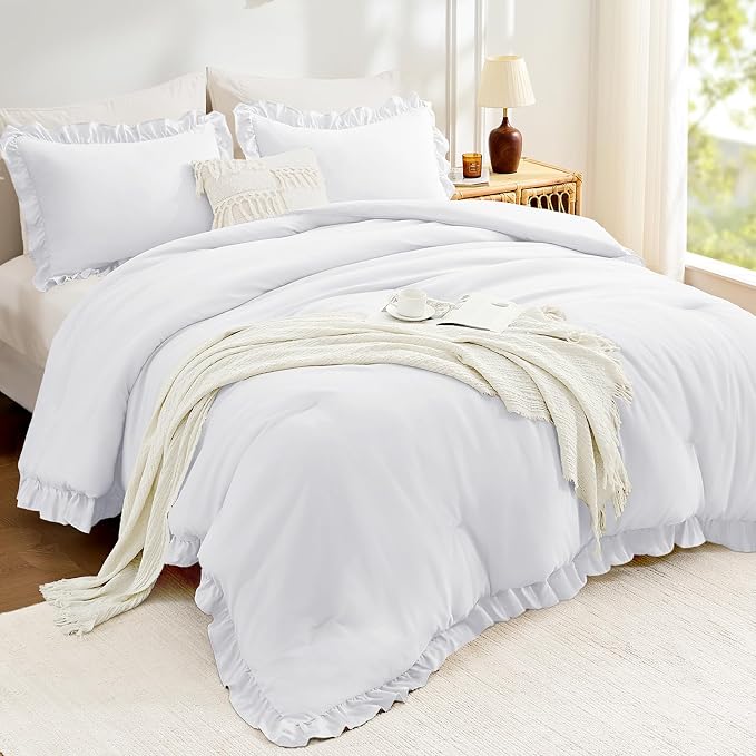 FUANNA Twin Comforter Set White, 2 Pieces Ruffle Twin Bed Set, Fluffy Twin - Image 2