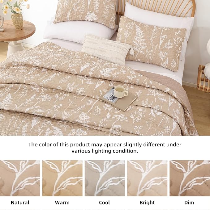 JANZAA Quilts Queen Size Taupe Quilt Botanical - Image 4