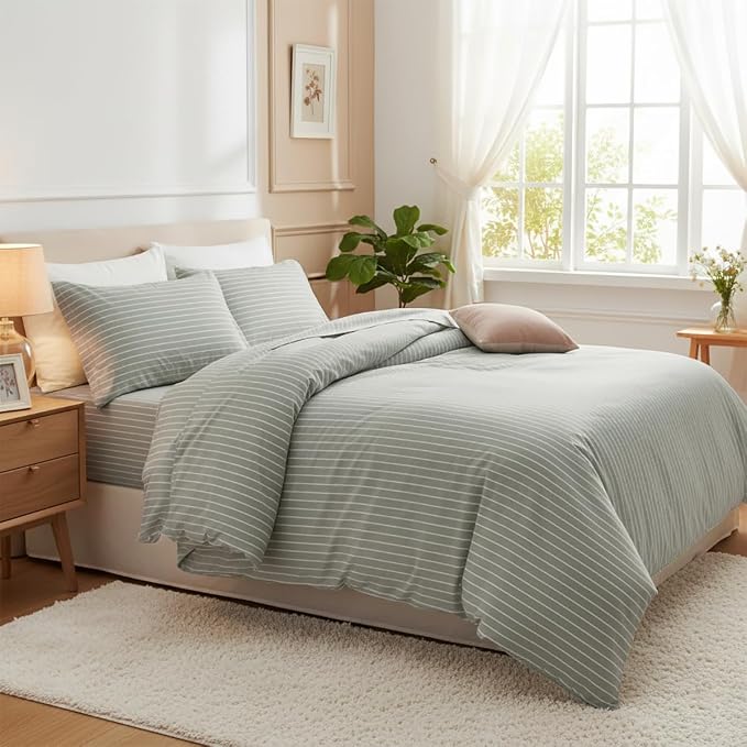 Nayoroom Green Striped Duvet Cover Queen Size 100% Washed Cotton White - Image 5