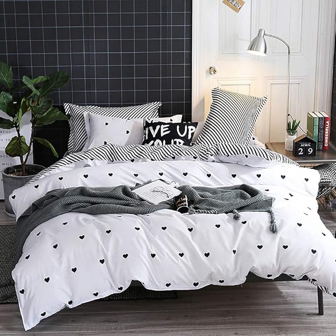 Omelas Kids Heart Love Twin Duvet Cover Set Black and White Teens Girls Lovely by Nayoroom