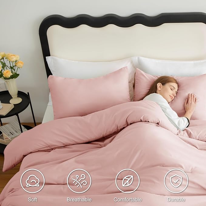 CozyLux Queen Comforter Set Blush Pink, 3 Pieces Solid Comforters Queen Size - Image 5