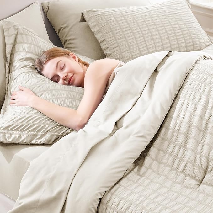 CozyLux Queen Comforter Set Oatmeal Seersucker 7 Pieces Bed in a Bag Queen - Image 7