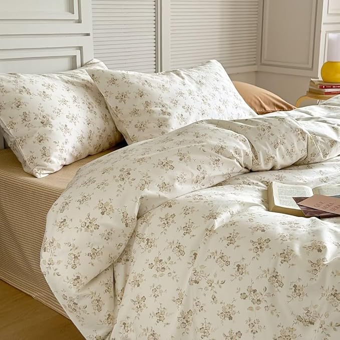 MKXI White Garden Duvet Cover Beige Floral 100% Cotton Coquette Duvet Cover - Image 2