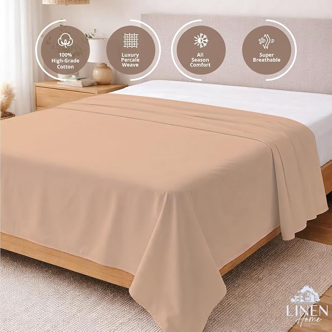 Linen Home 100% Cotton Percale 1 Flat Sheet, King Size - Image 2