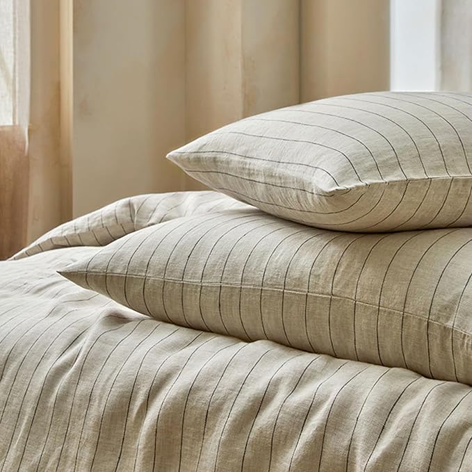 mixinni 3 Piece Striped Duvet Cover Set, Neutral Washed Cotton Linen Blend - Image 3