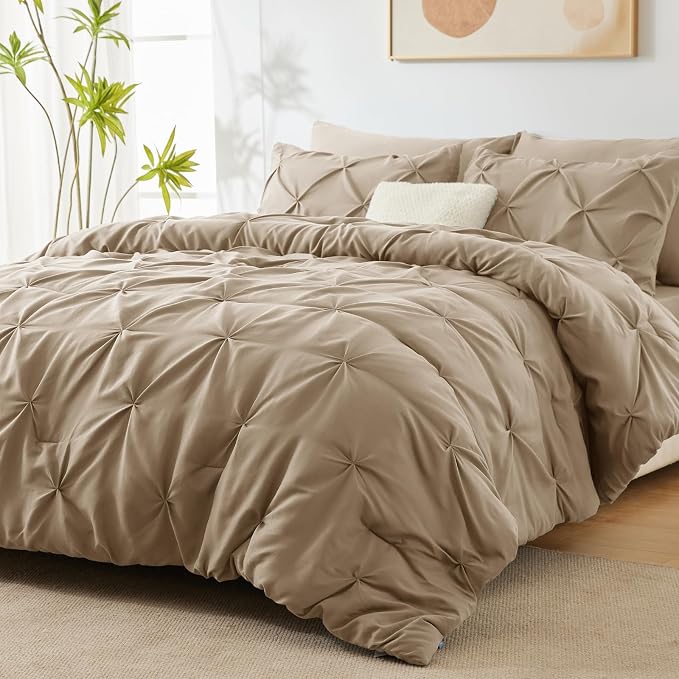CozyLux Full Size Comforter Sets Taupe, 7 Pieces Pintuck Bed in A Bag Taupe - Image 9
