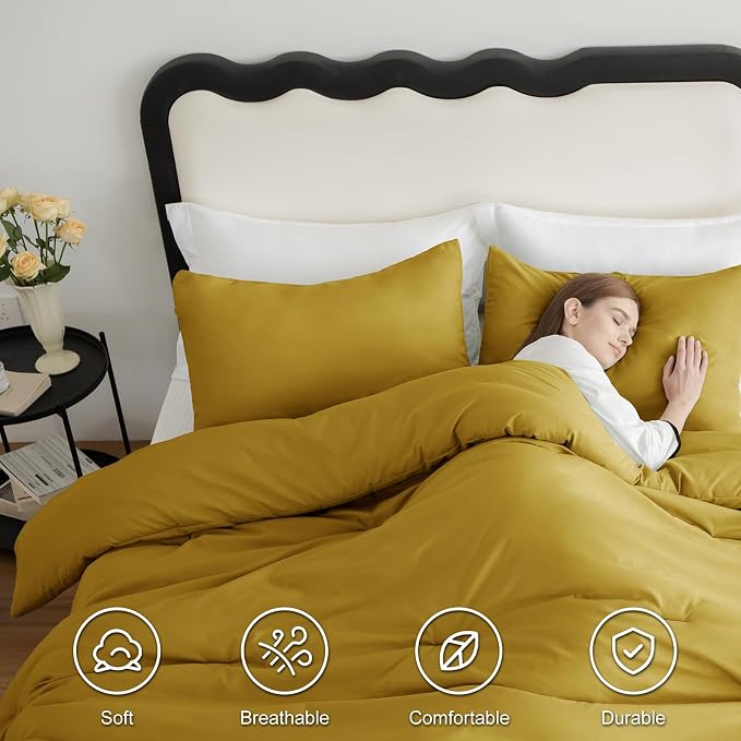 CozyLux Full Size Comforter Set Mustard Yellow, 3 Pieces Solid Breathable - Image 5