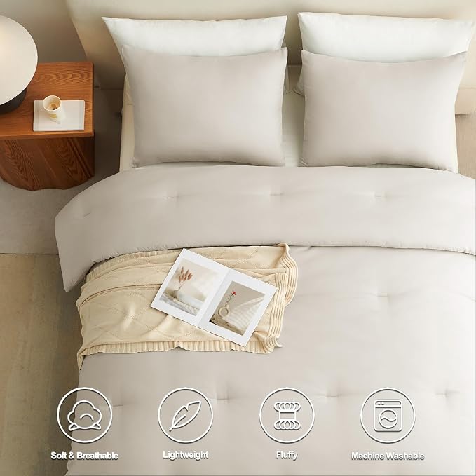 CozyLux Full Size Comforter Set Beige, 3 Pieces Solid Breathable Quilted - Image 4