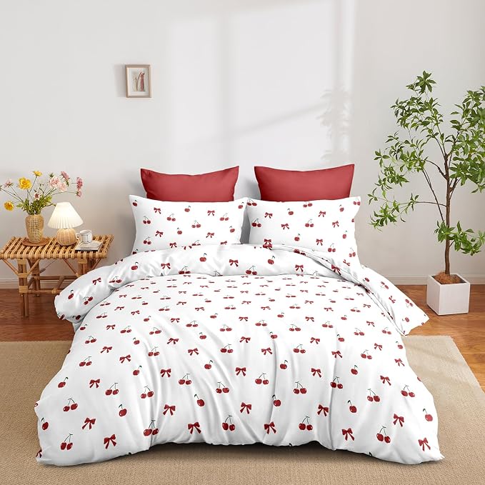 Nayoroom Red Cherry Duvet Cover Queen Size Cute Bow Duvet Cover 3 Pieces Soft - Image 3