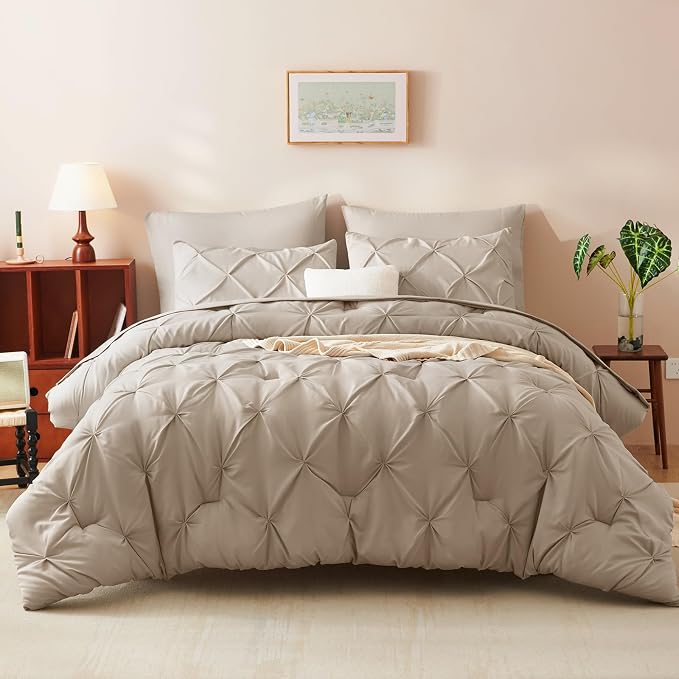 CozyLux King Size Comforter Set Wheat, 7 Pieces Pintuck Bed in A Bag Wheat - Image 9