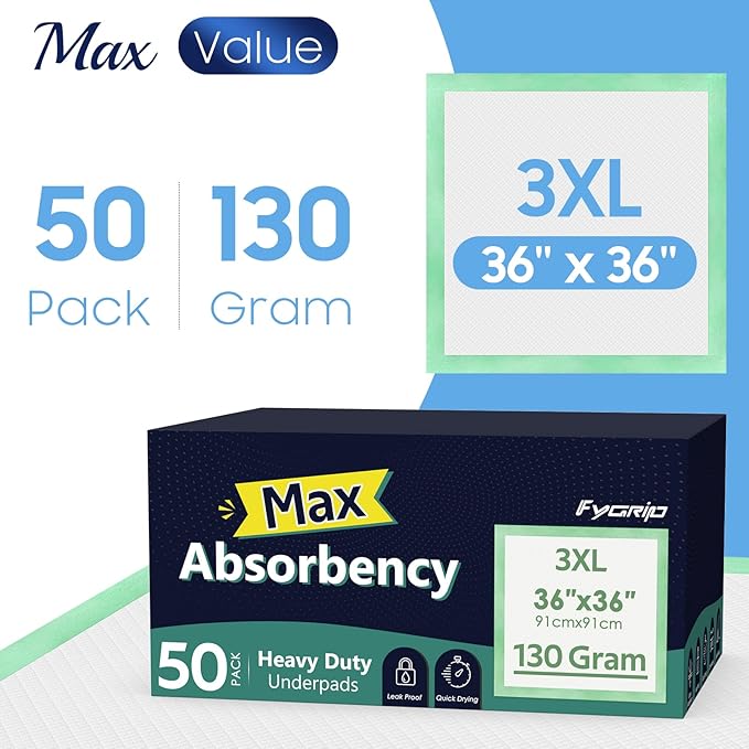Fygrip 50 Count Hospital Grade 130 Gram 36” x 36” Max Absorbency Disposable - Image 2